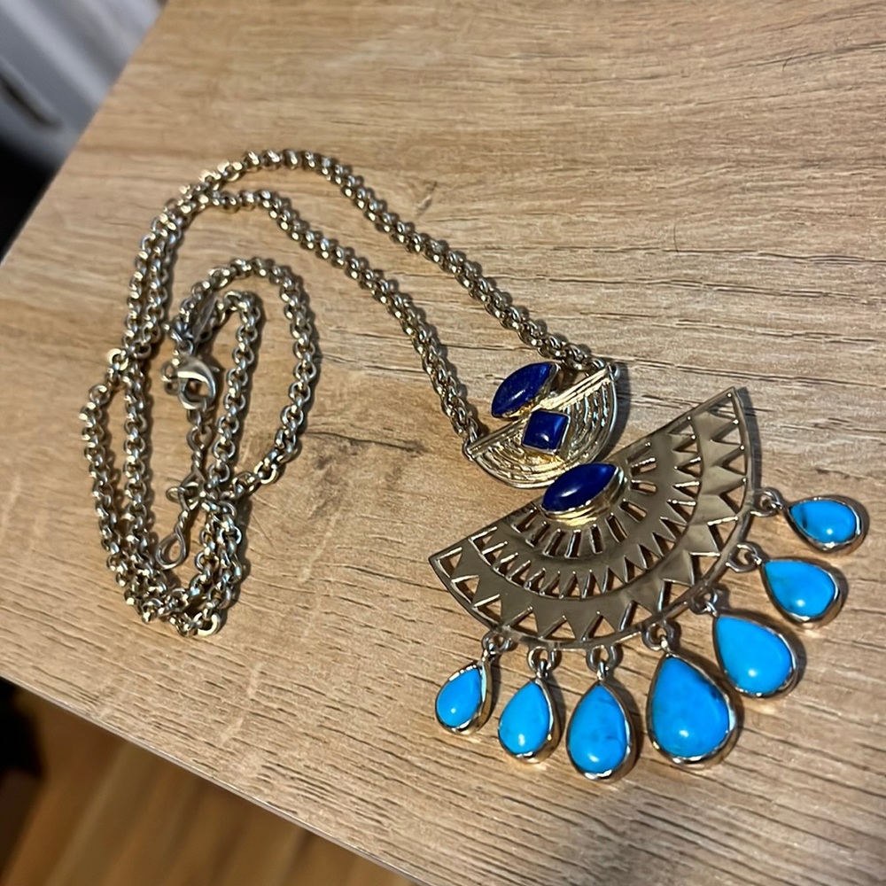 NEW ANTHROPOLOGY BOHEMIAN GOLD & BLUES NECKLACE W DANGLES AND ADJUSTABLE CHAIN
